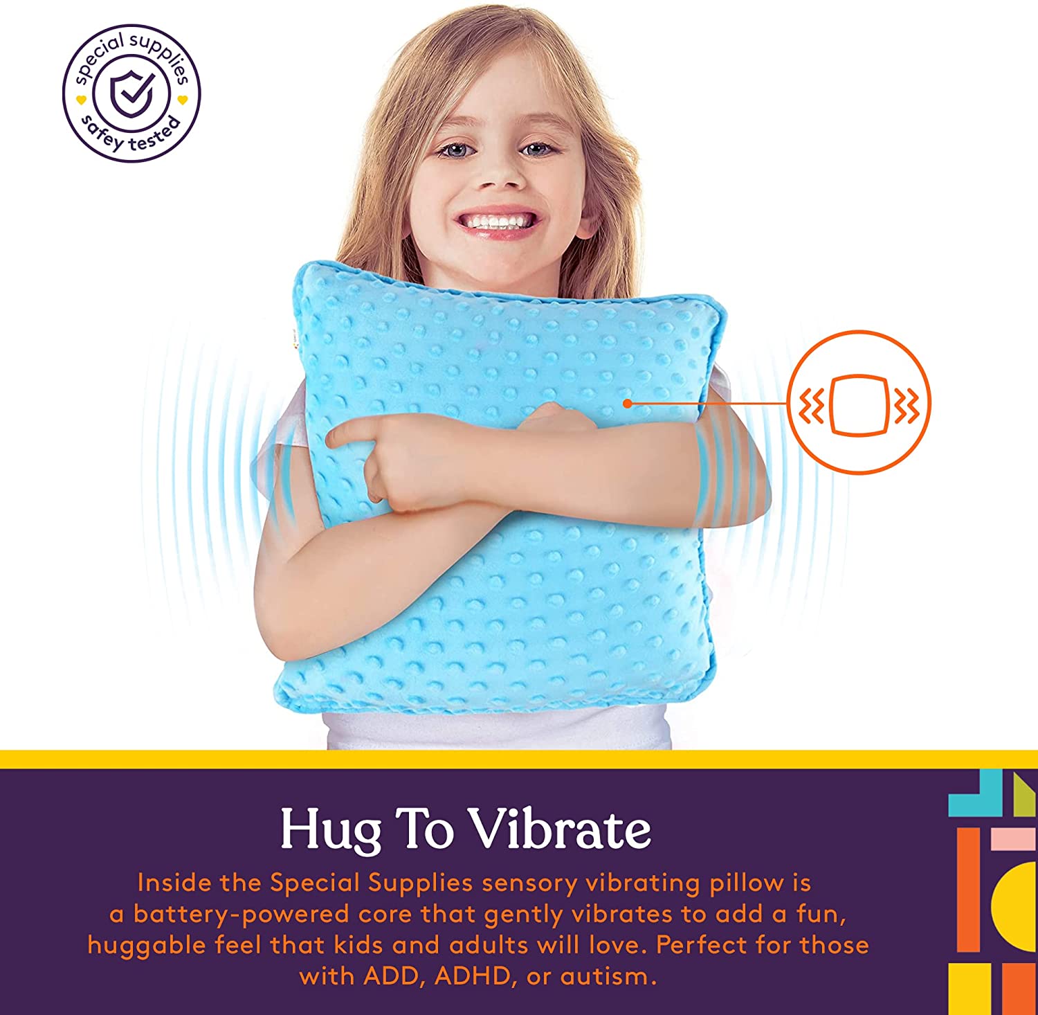 Sensory Vibrating Pillow – Pressure - Activated Calming Support for Kids & Adults, 12” Plush with Textured Bumps, 3 Vibration Modes, Music & Voice Recording (Blue) - Insight Family Market