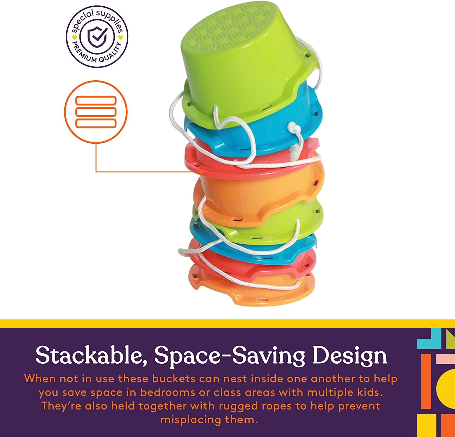 Stackable colorful buckets with text about space-saving design on a white background
