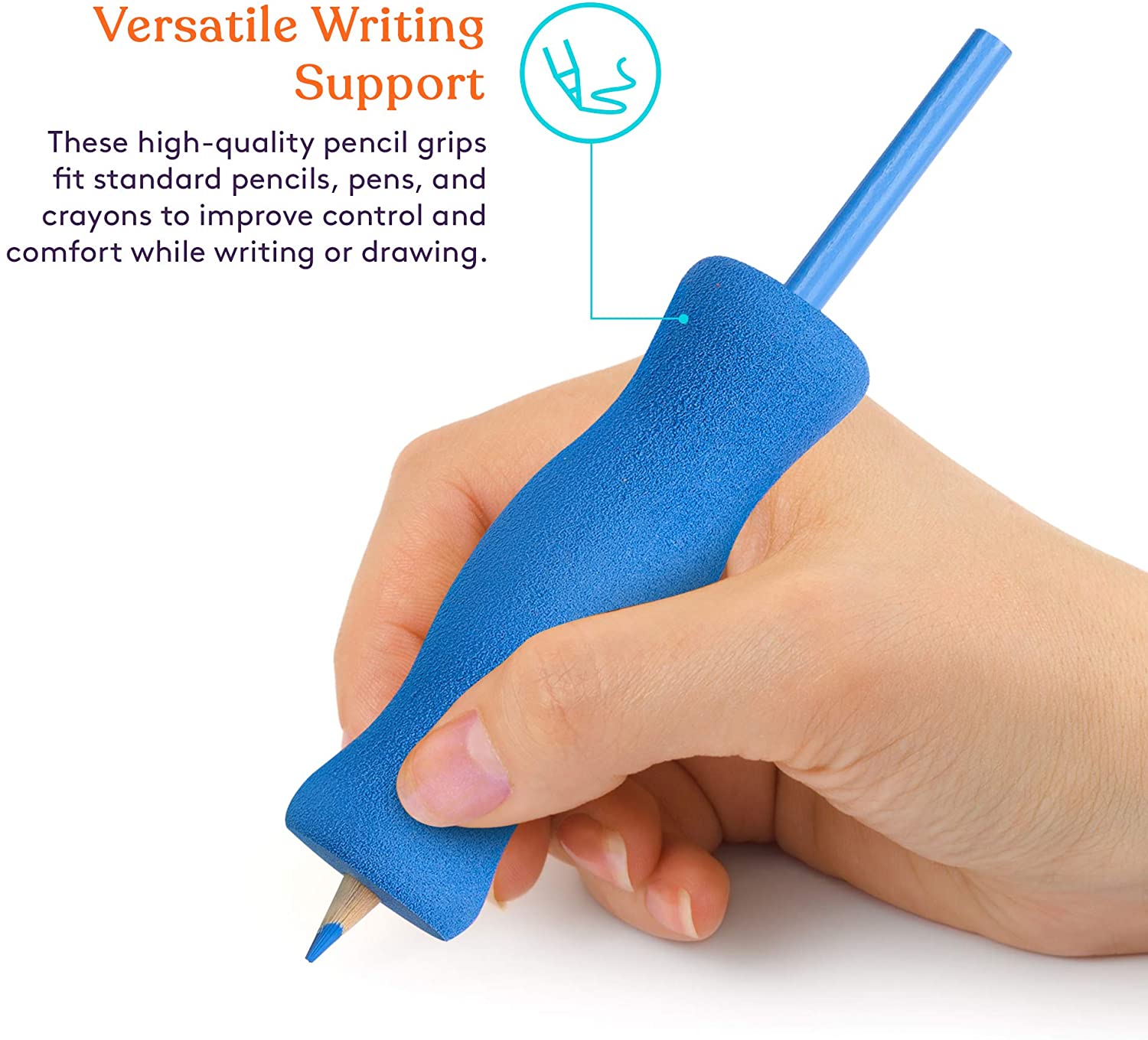 Hand holding a blue writing support device with text about versatile writing support on a white background
