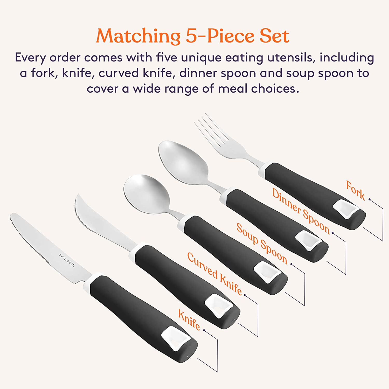 Set of 5 Black Adaptive Utensils - Stainless Steel Knife, Rocker Knife, Fork, Soup Spoon, Dinner Spoon - Insight Family Market