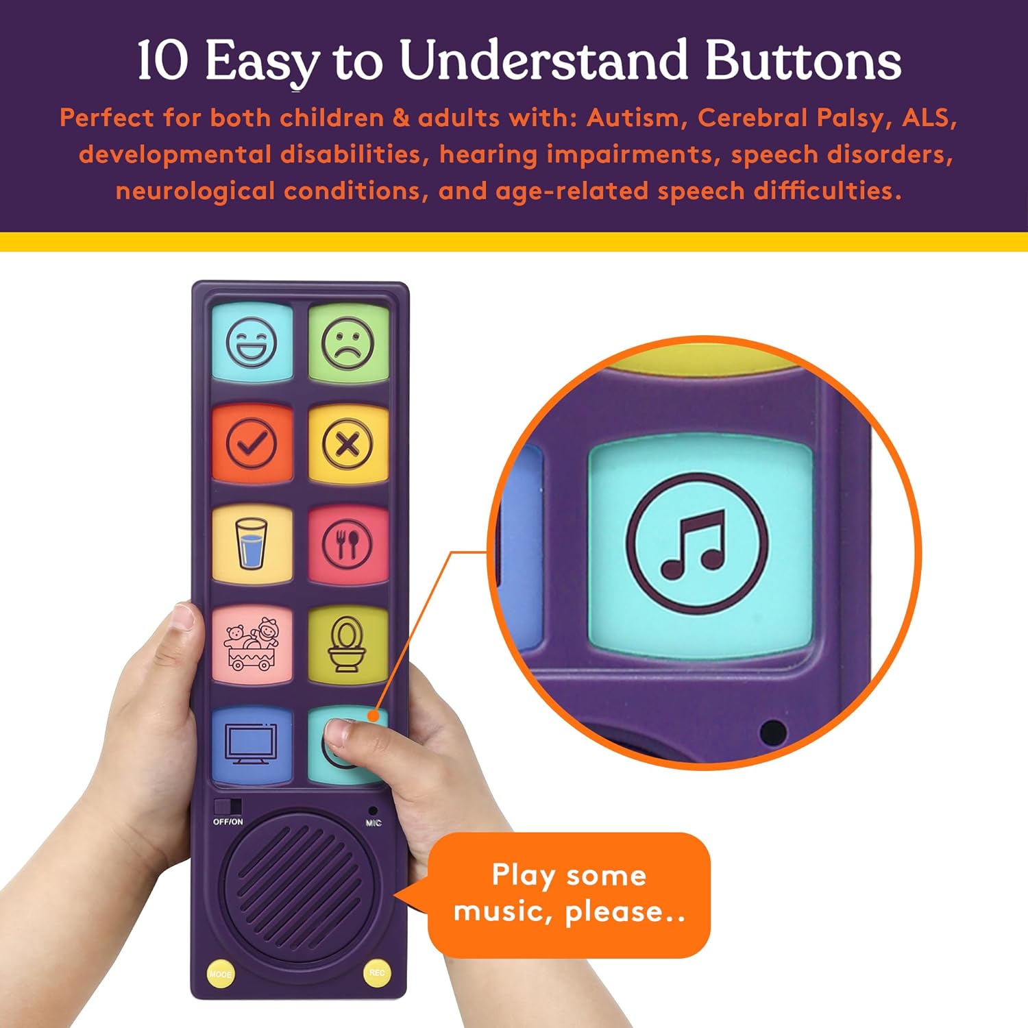 Colorful communication device with buttons and a screen, held by a hand, on a white background.