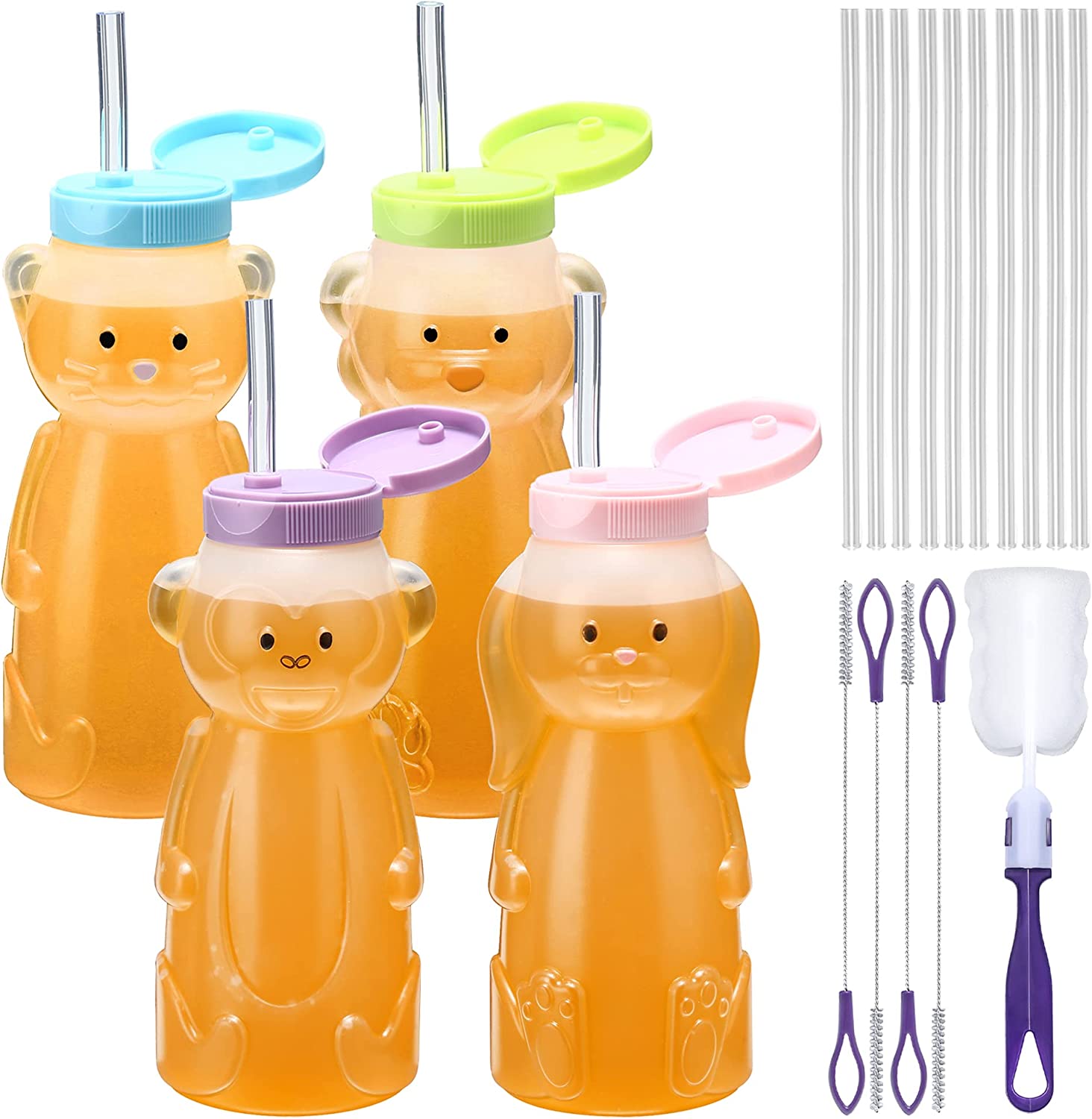 Set of four bear-shaped water bottles with colorful lids and straws on a white background.