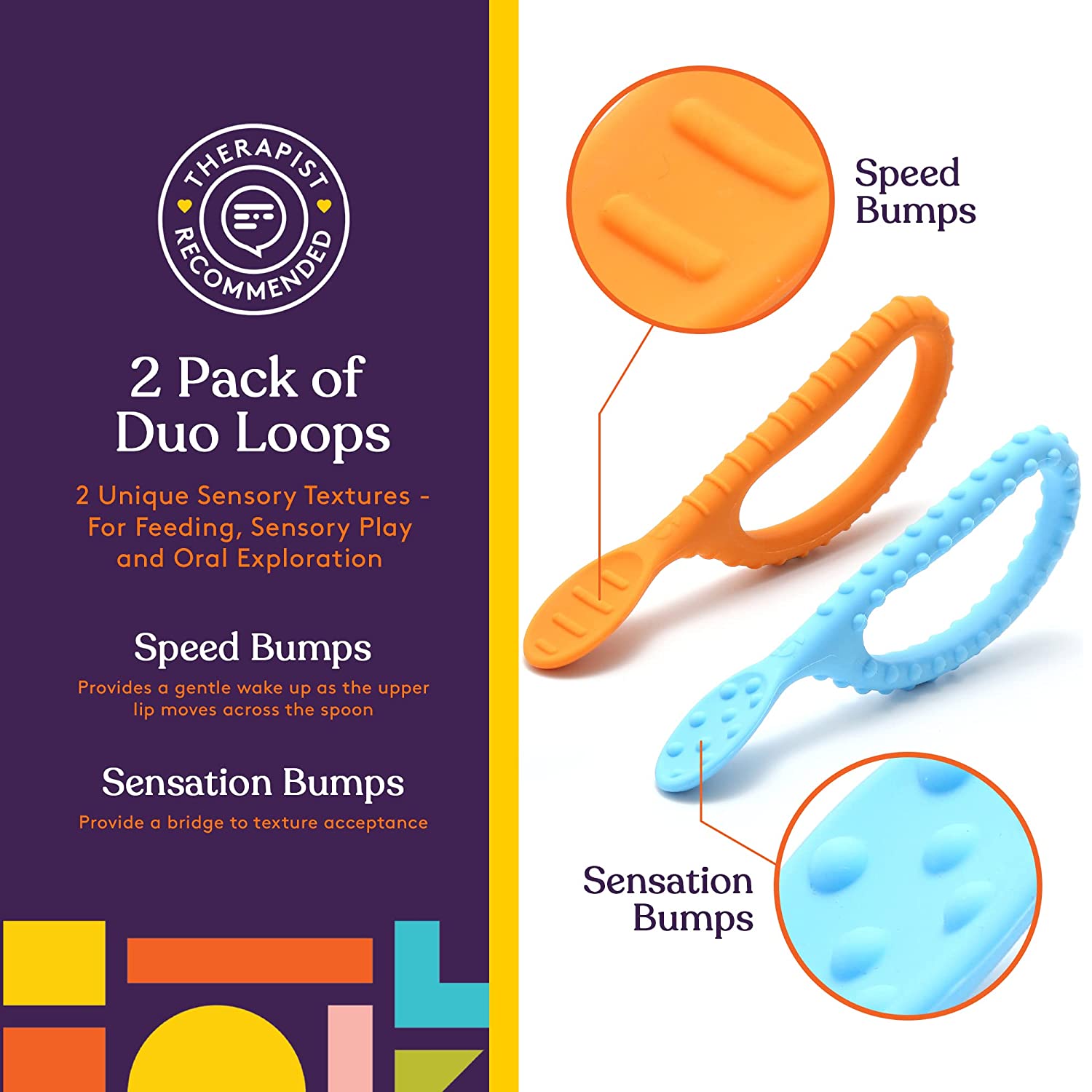 Special Supplies Duo Spoon Loops Oral Motor Therapy Tools, 2 Pack, Textured Stimulation and Sensory Input Treatment for Babies, Toddlers or Kids, BPA Free Silicone with Flexible, Easy Handle - Blue & Orange - Insight Family Market