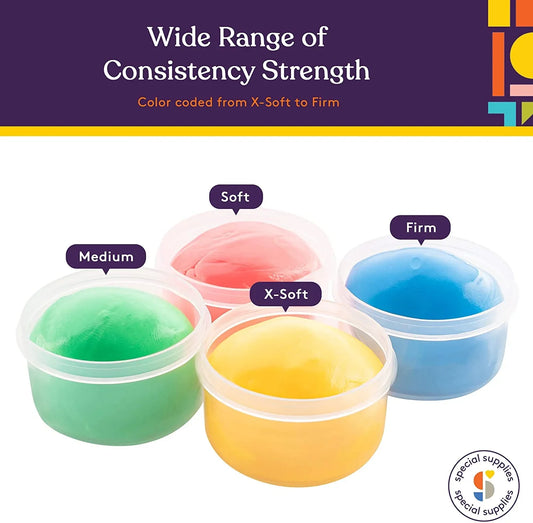 Therapy putty set in four labeled tubs—x-soft yellow, soft red, medium green, firm blue.