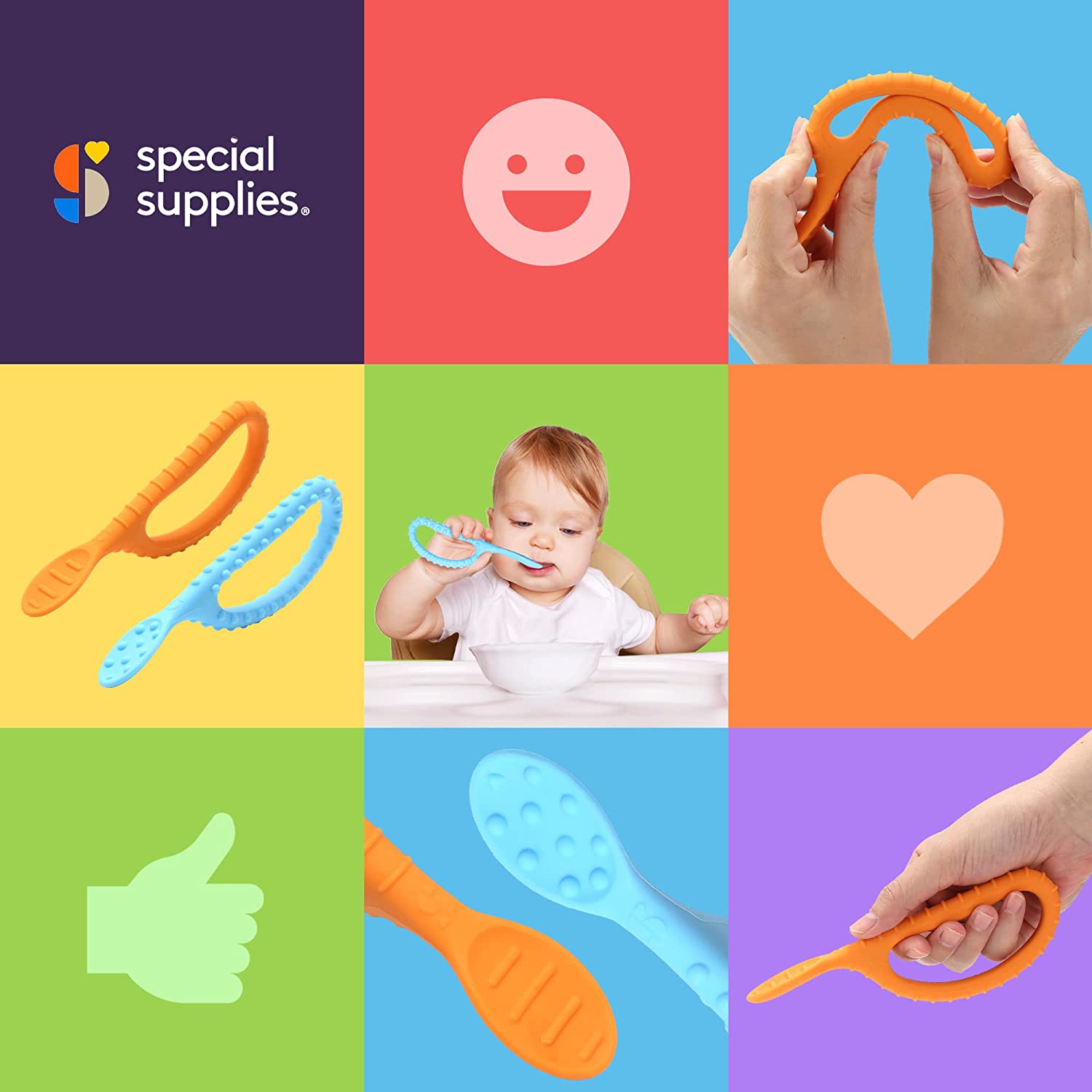 Special Supplies Duo Spoon Loops Oral Motor Therapy Tools, 2 Pack, Textured Stimulation and Sensory Input Treatment for Babies, Toddlers or Kids, BPA Free Silicone with Flexible, Easy Handle - Blue & Orange - Insight Family Market