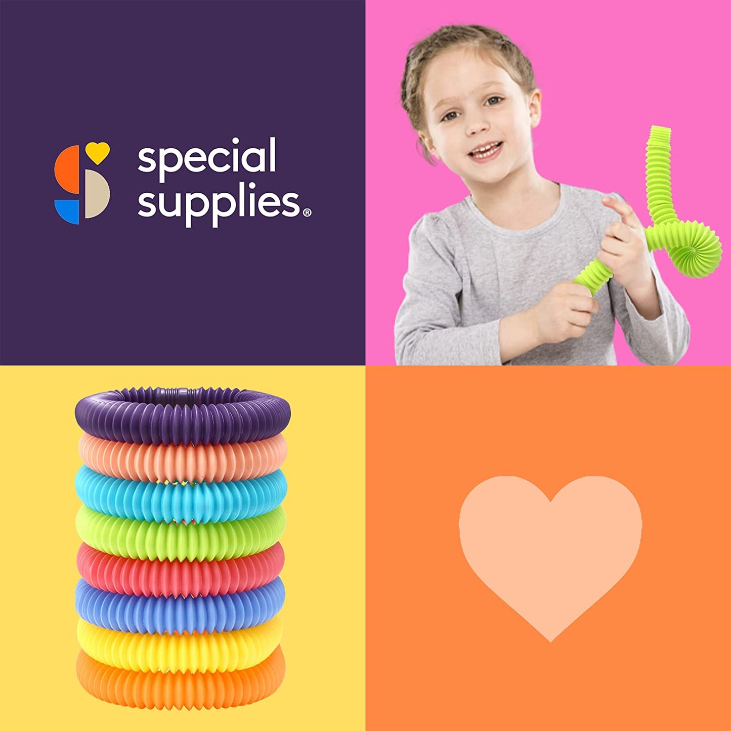 Colorful coiled tubes with a child holding one, and 'Special Supplies' logo on a pink background.