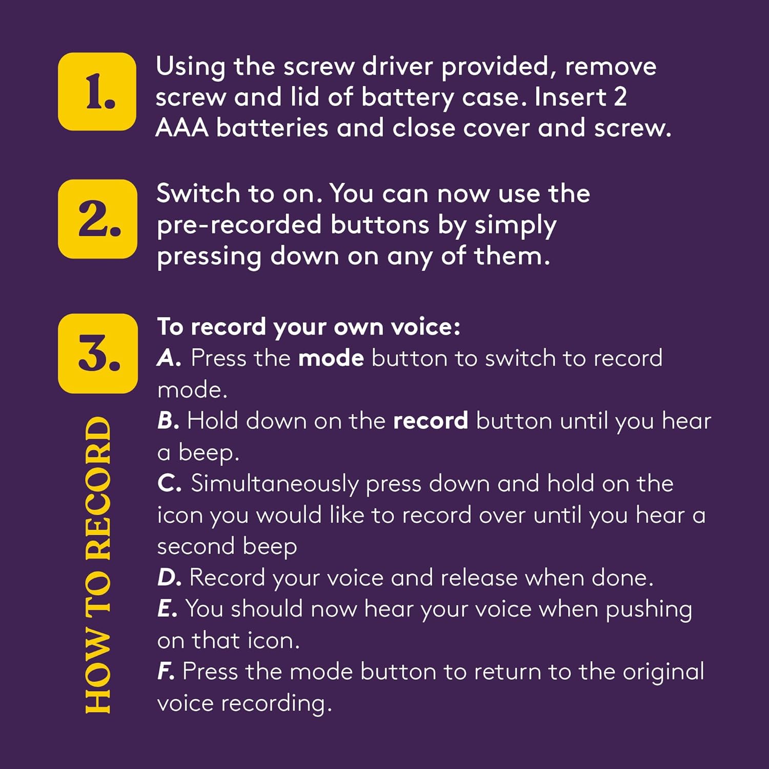Instructions for using a device with batteries on a purple background