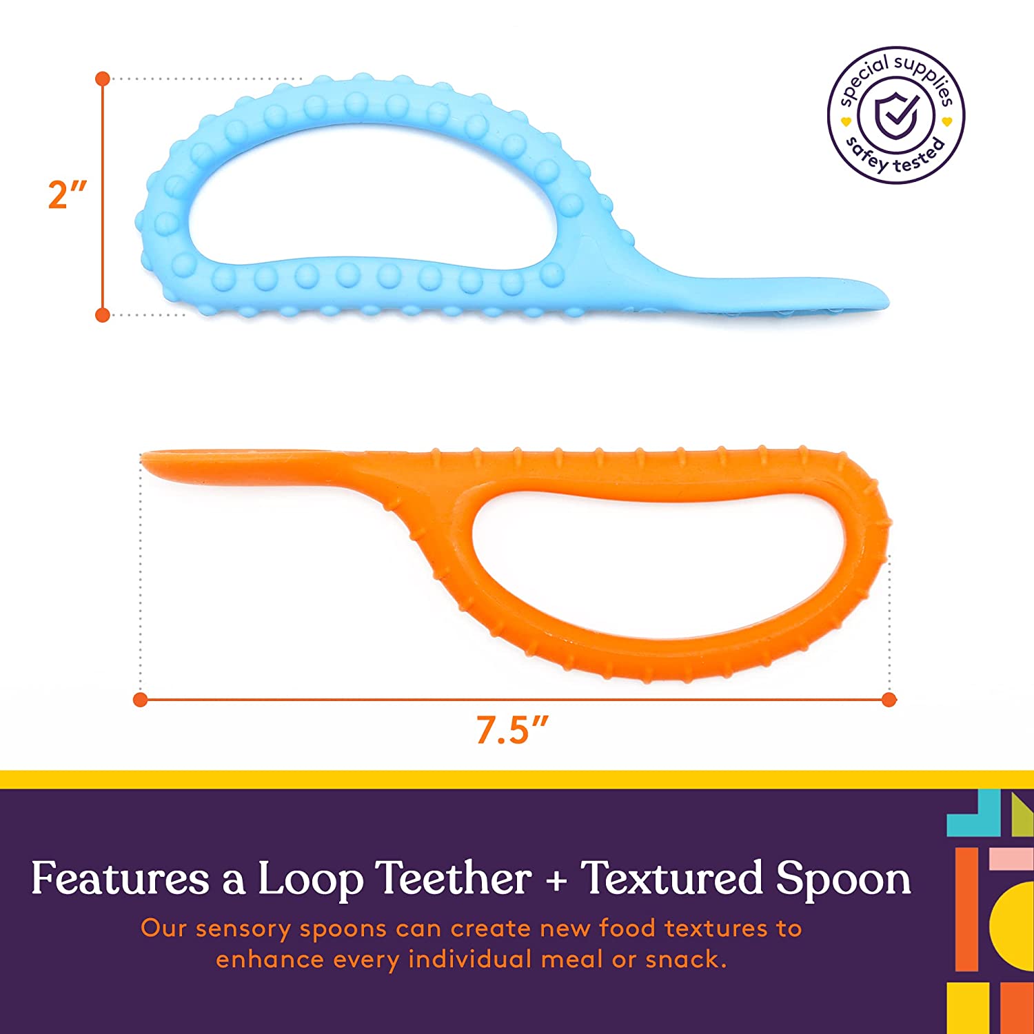 Special Supplies Duo Spoon Loops Oral Motor Therapy Tools, 2 Pack, Textured Stimulation and Sensory Input Treatment for Babies, Toddlers or Kids, BPA Free Silicone with Flexible, Easy Handle - Blue & Orange - Insight Family Market