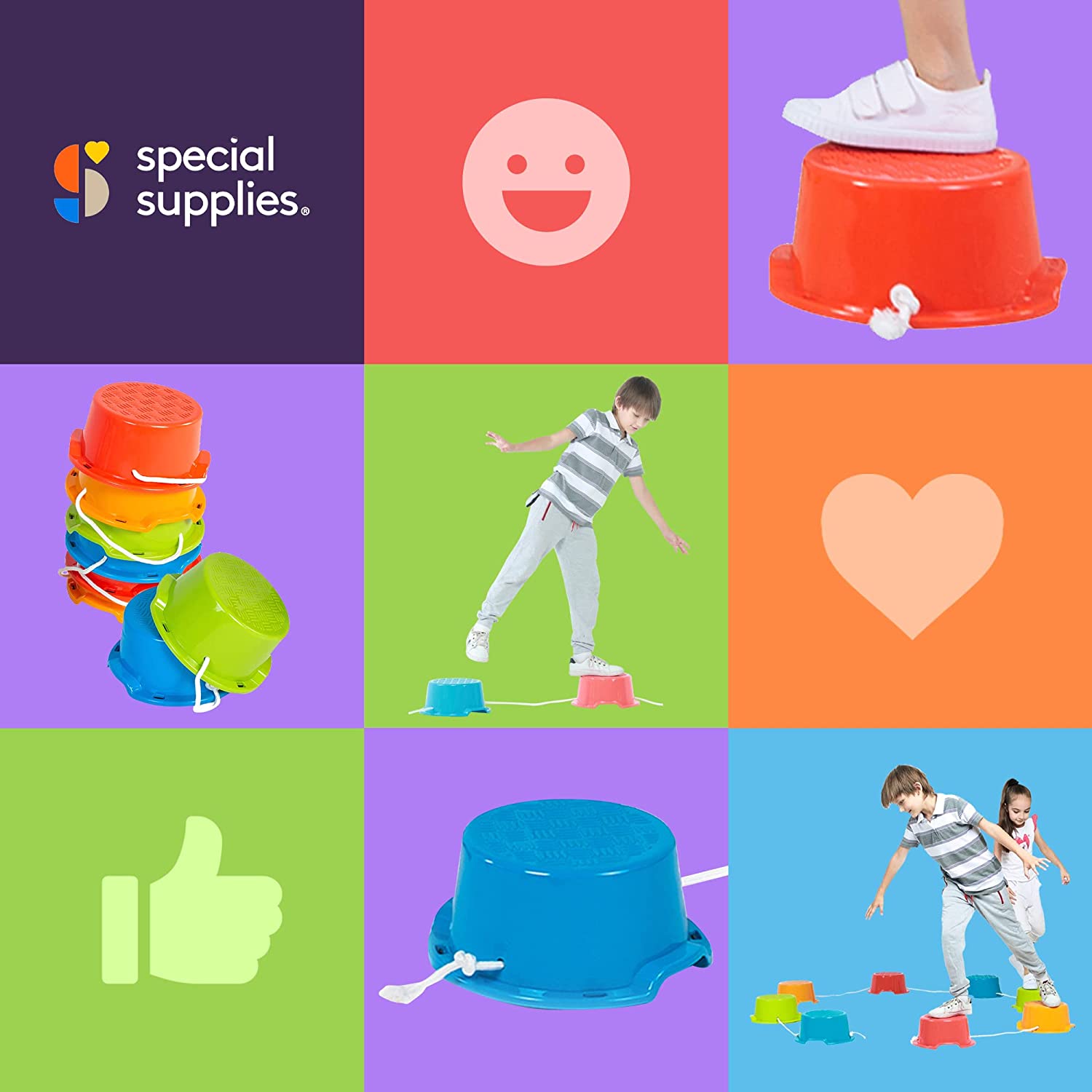 Promotional image for 'special supplies' with colorful buckets and a child on a balance beam.