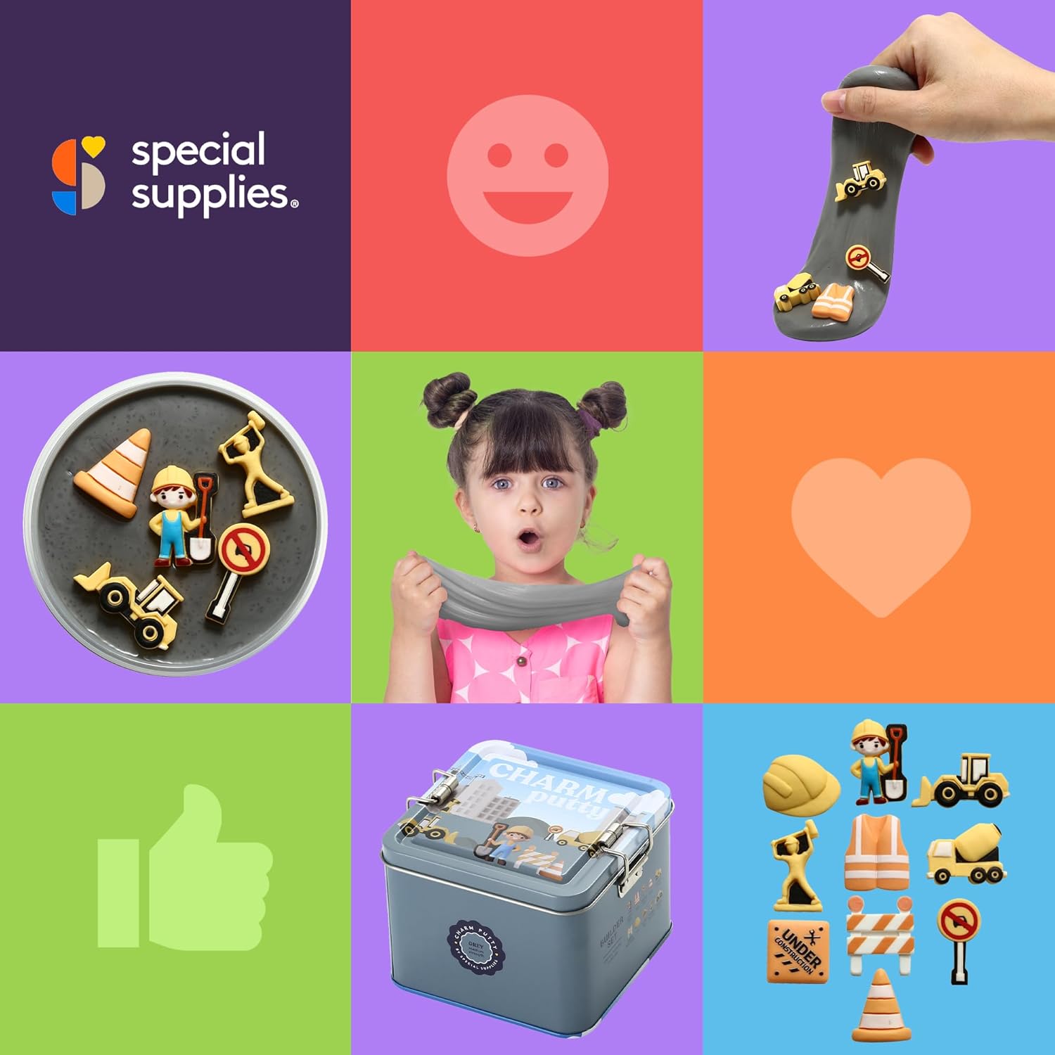 Sensory Therapy Putty for Kids and Adults with 10 Cute Charms - Resistive Hand Exercise Stress Relief Therapy Putty, Five Ounces of Each Putty (Construction Set - Strength: Medium) - Insight Family Market