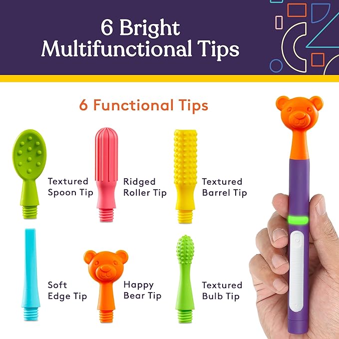 Multifunctional toothbrush tips with colorful handles and a hand holding one of them.