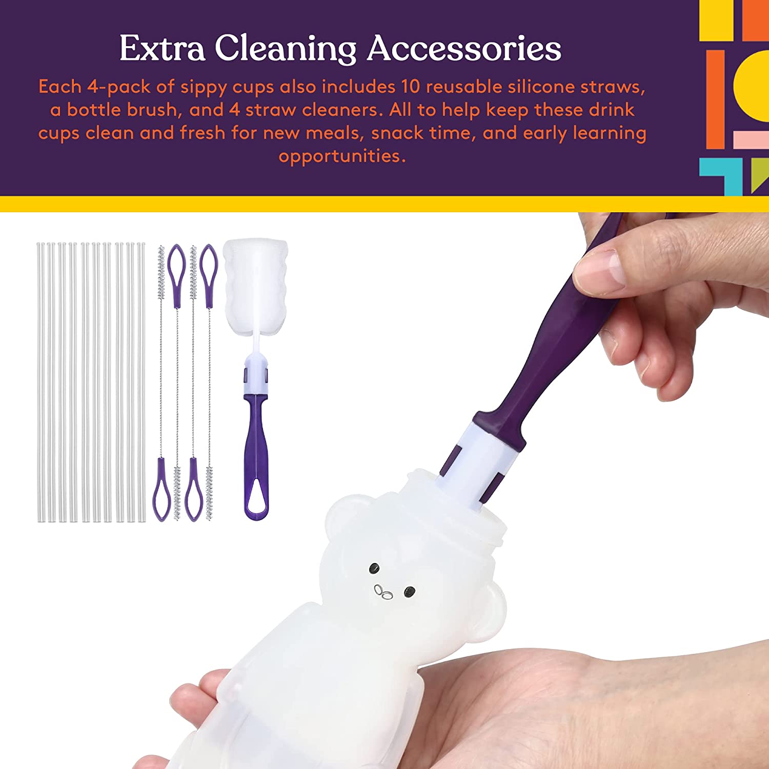 Cleaning accessories for sippy cups including a bottle brush and straw cleaners, with text about additional cleaning items included.