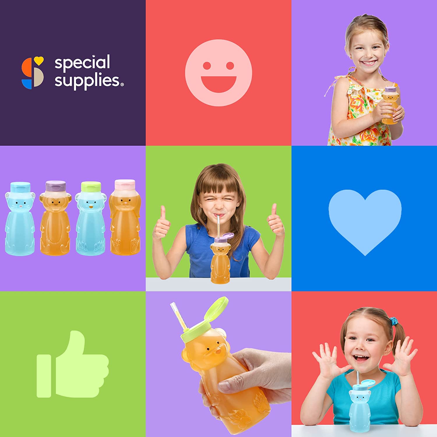 Collage of children using special supplies with visible brand logo.
