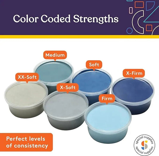 Color-coded sensory therapy putty set in containers labeled XX-Soft, X-Soft, Medium, Soft, Firm, X-Firm.