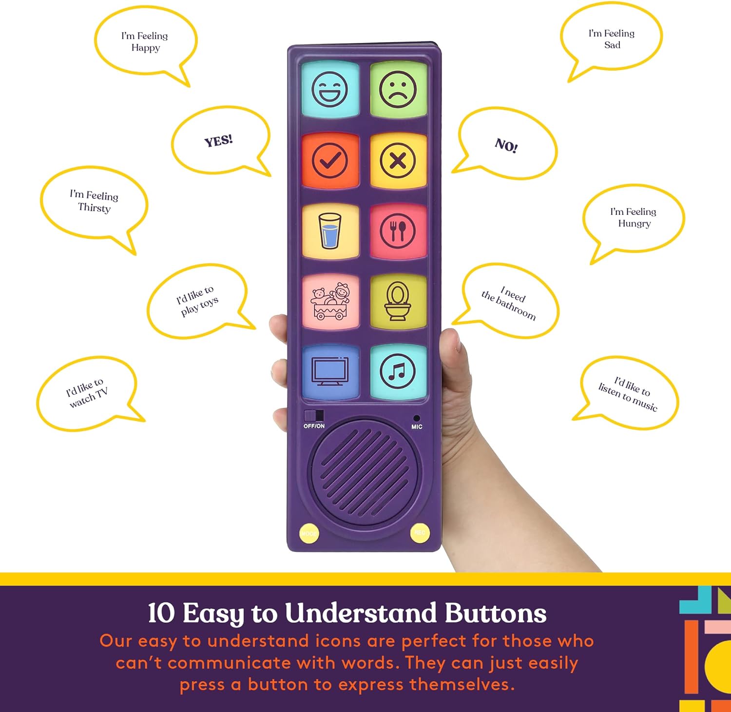 Colorful toy communication device with icons and speech bubbles on a white background