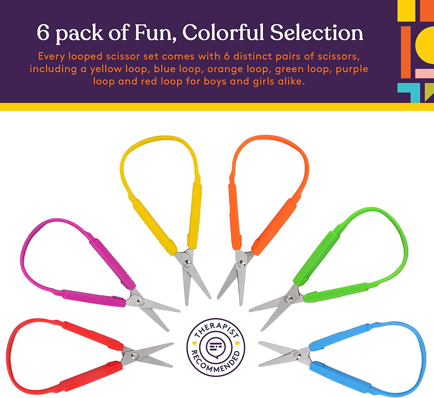 Set of six colorful looped scissors with a purple background and text about the product.