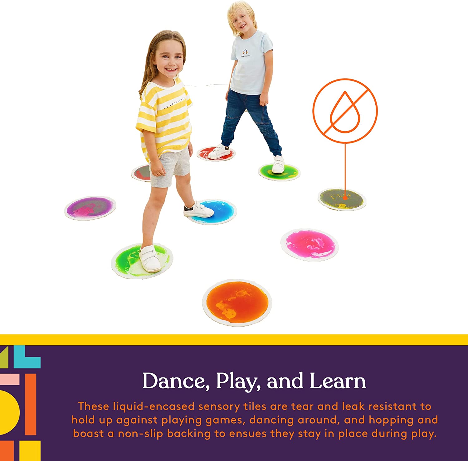 Two children playing on colorful tiles with a safety symbol and text about the product.