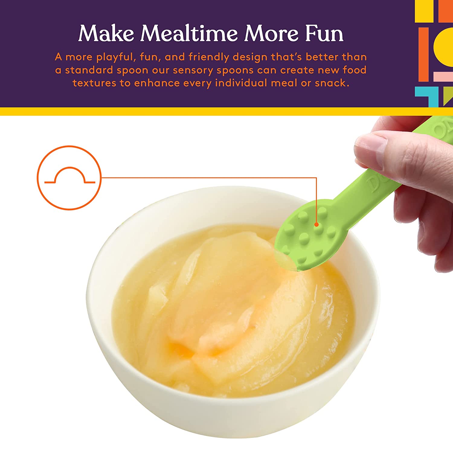Green baby spoon being used to scoop food from a bowl with text about making mealtime more fun.
