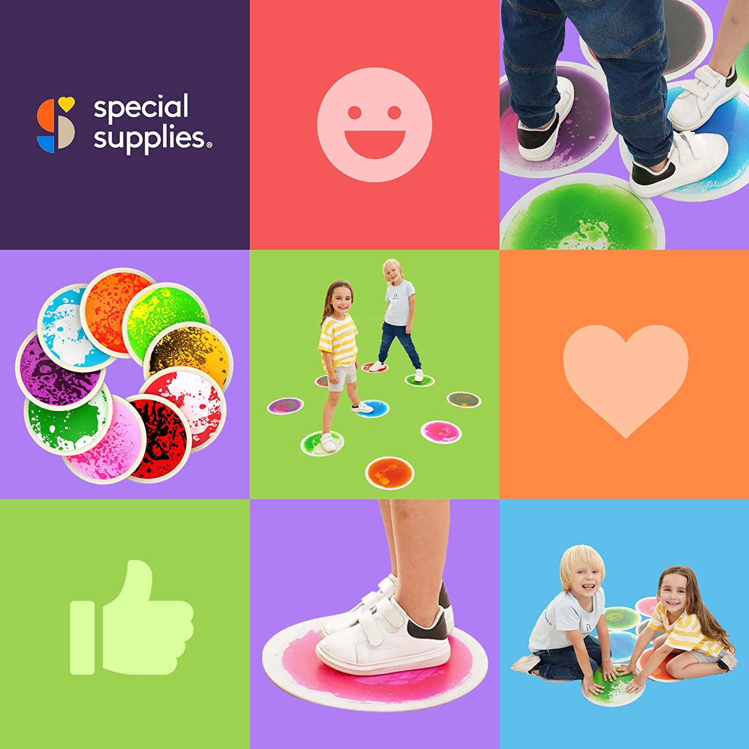 Collage of images related to 'special supplies' with children playing on colorful mats.