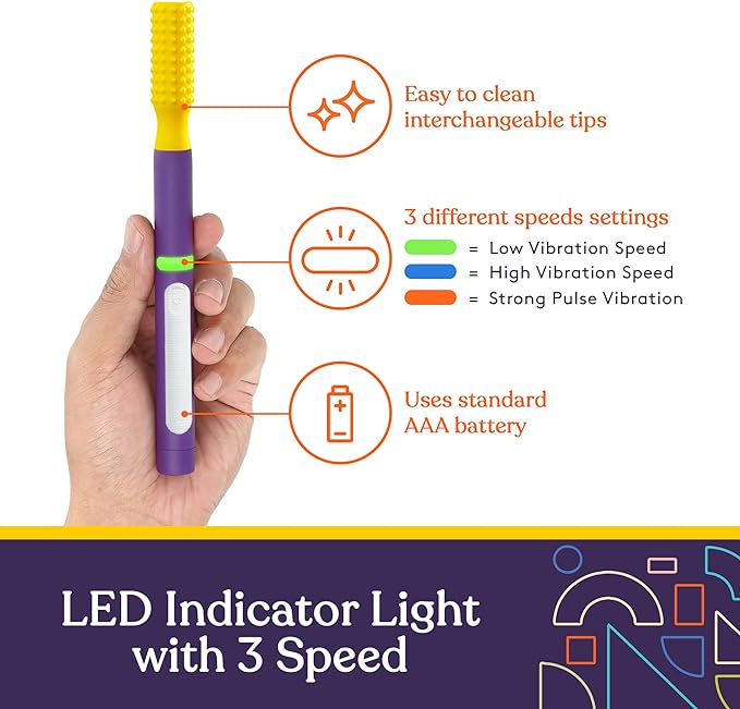 Hand holding a purple and yellow electronic device with text indicating features like interchangeable tips and speed settings.