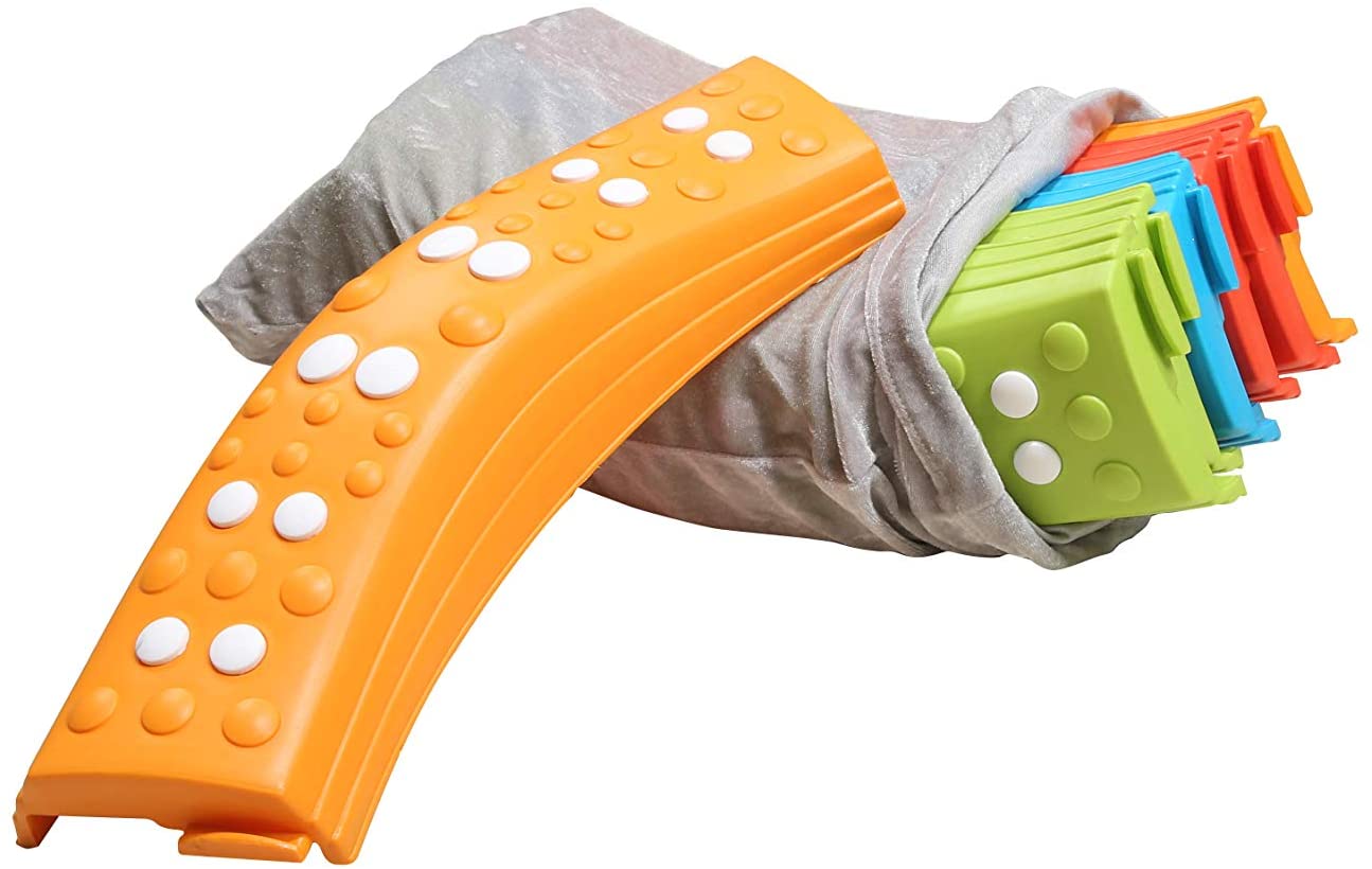 Orange plastic tool with multiple colorful components on a white background
