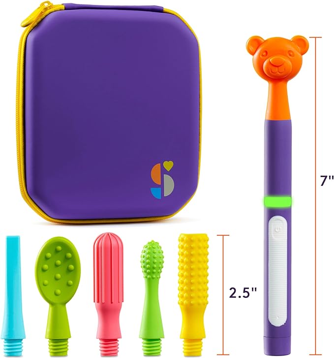 Children's toothbrush set with purple case and colorful brush heads, including a bear-shaped handle.