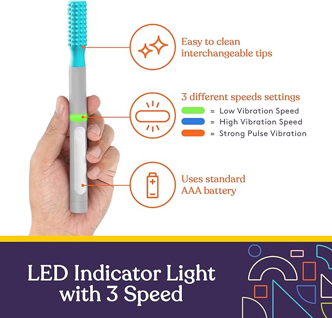 Hand holding a vibration toothbrush with features highlighted on a white background