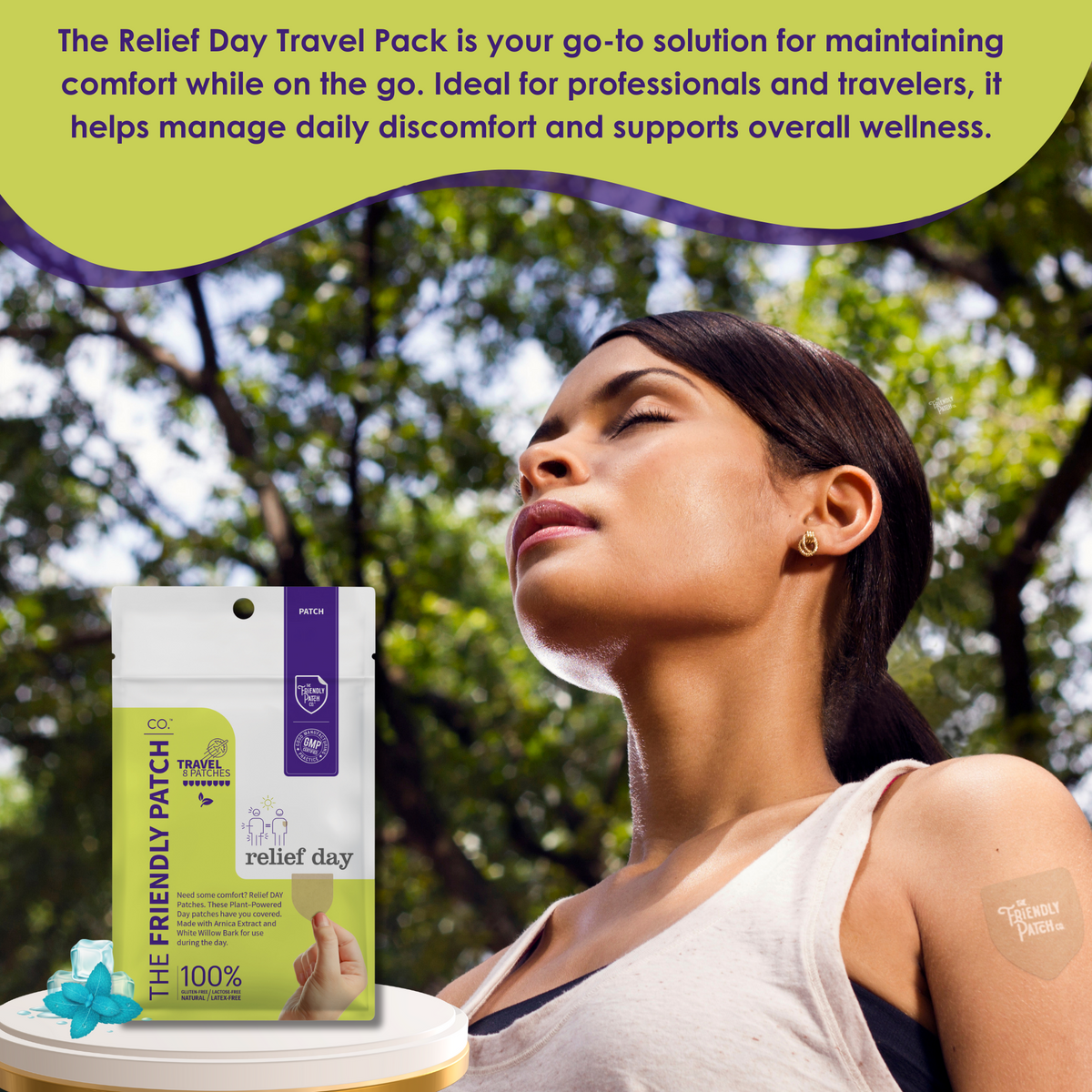 Woman with a neck patch and 'The Friendly Patch' relief day travel pack in front of greenery