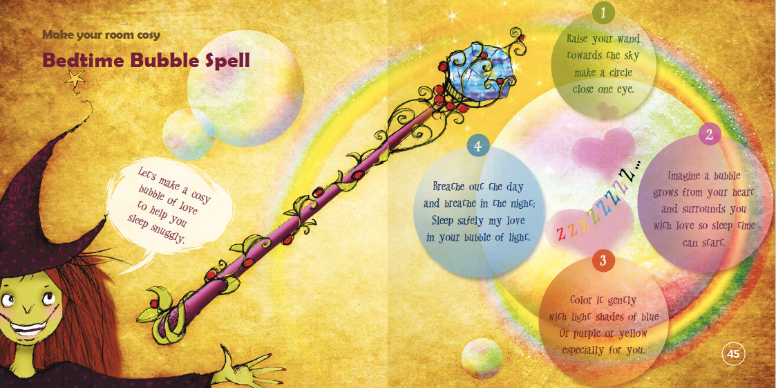 Bedtime bubble spell illustration with a witch and colorful bubbles on a yellow background