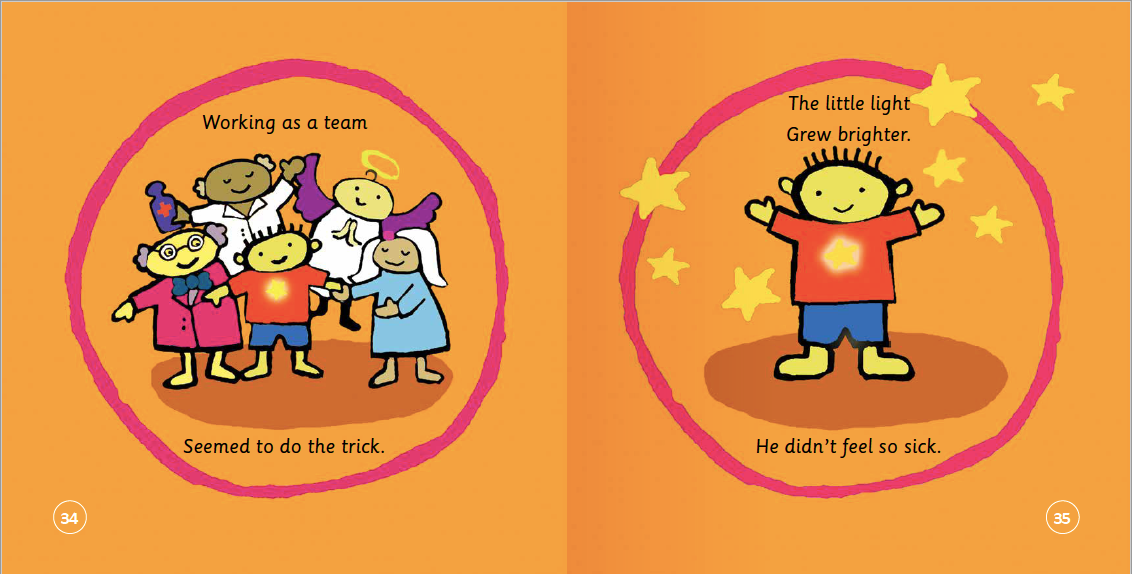 Illustrations from a children's book with characters and text on an orange background