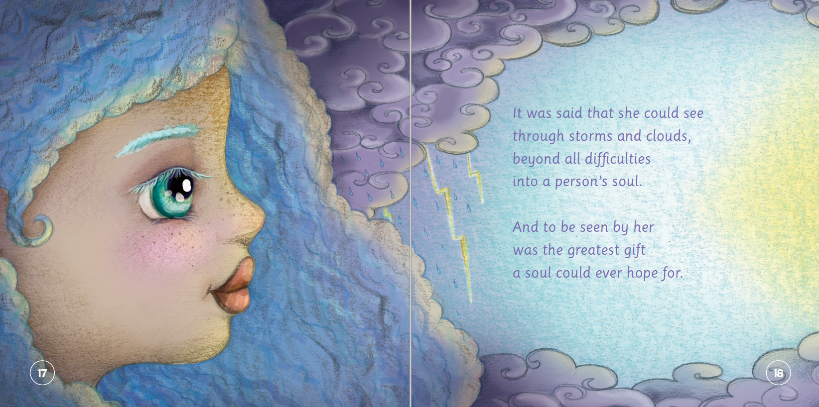 Illustration of a child's face with blue hair and eyes, set against a colorful background with text.