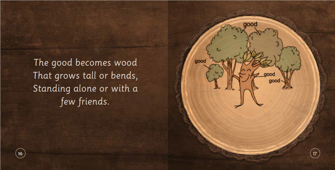 Wooden plaque with tree illustration and text on a brown background