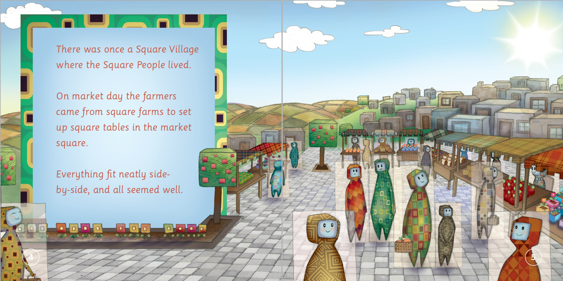 Illustrated book page with Square People in a village setting