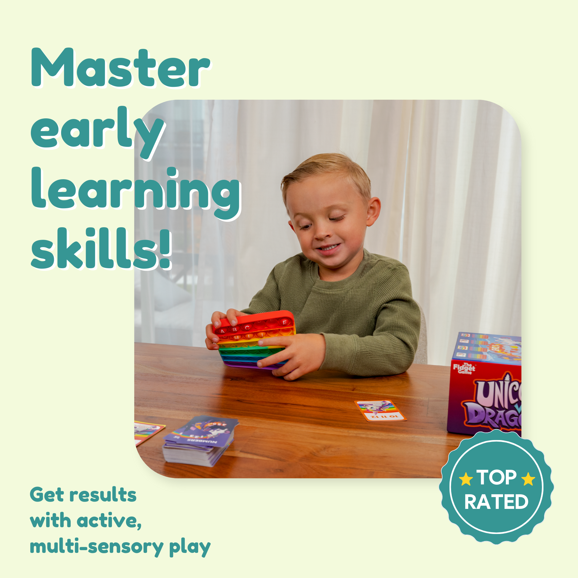 Child playing with a colorful toy at a table, with text promoting early learning skills and active play.