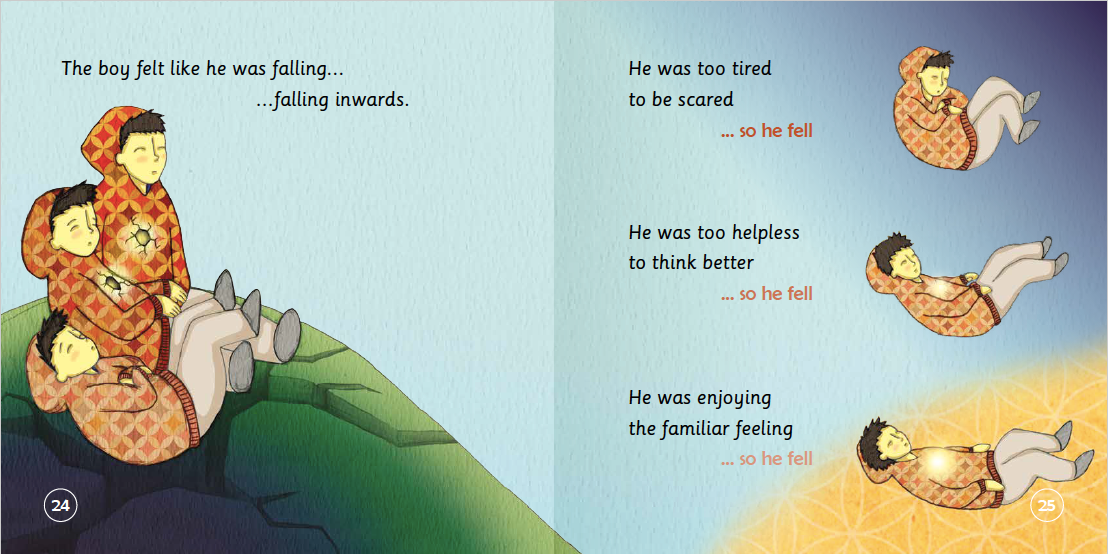 Illustration from a children's book showing a boy falling off a cliff with text describing his feelings.