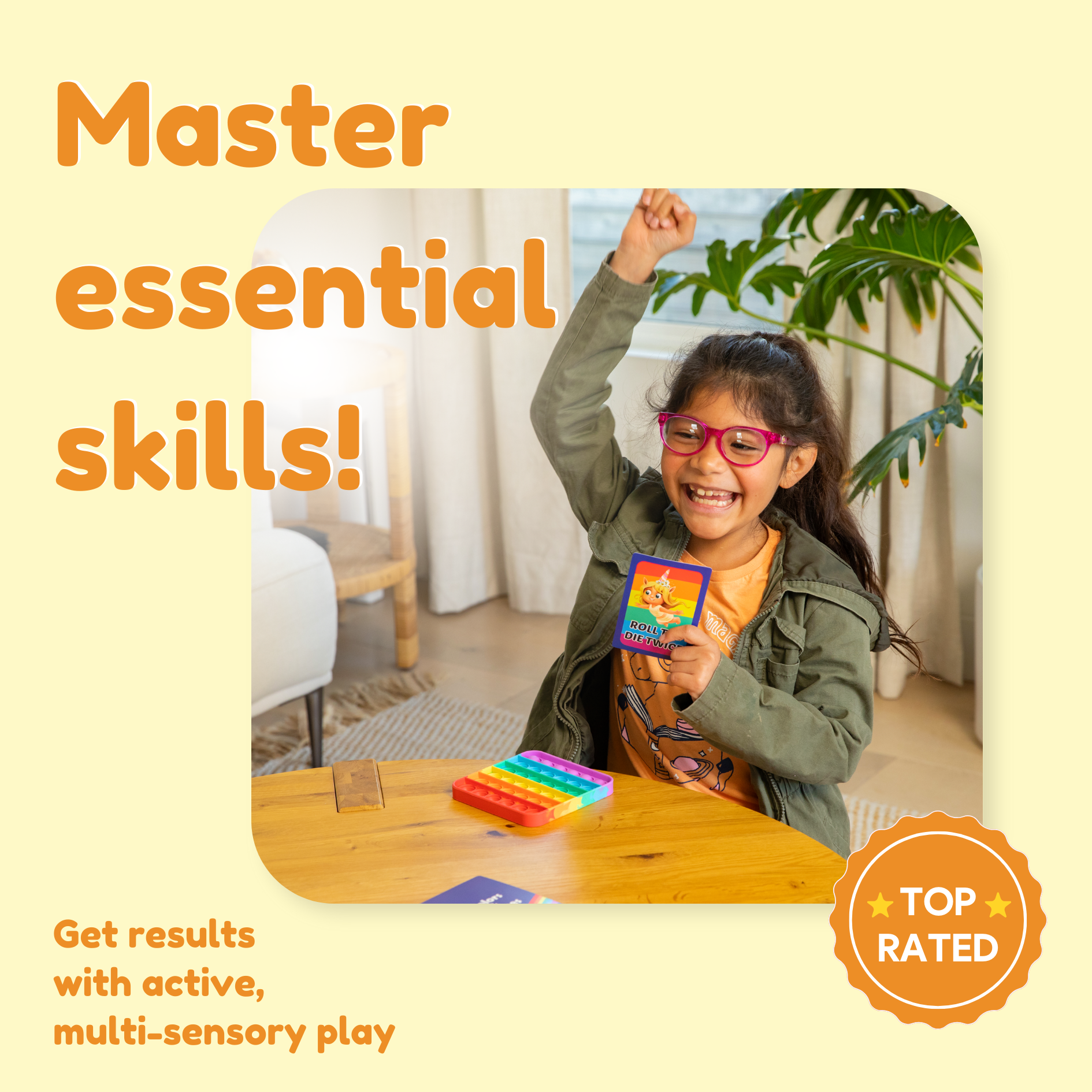 Child playing with a colorful toy on a table, with text about mastering essential skills and active play.