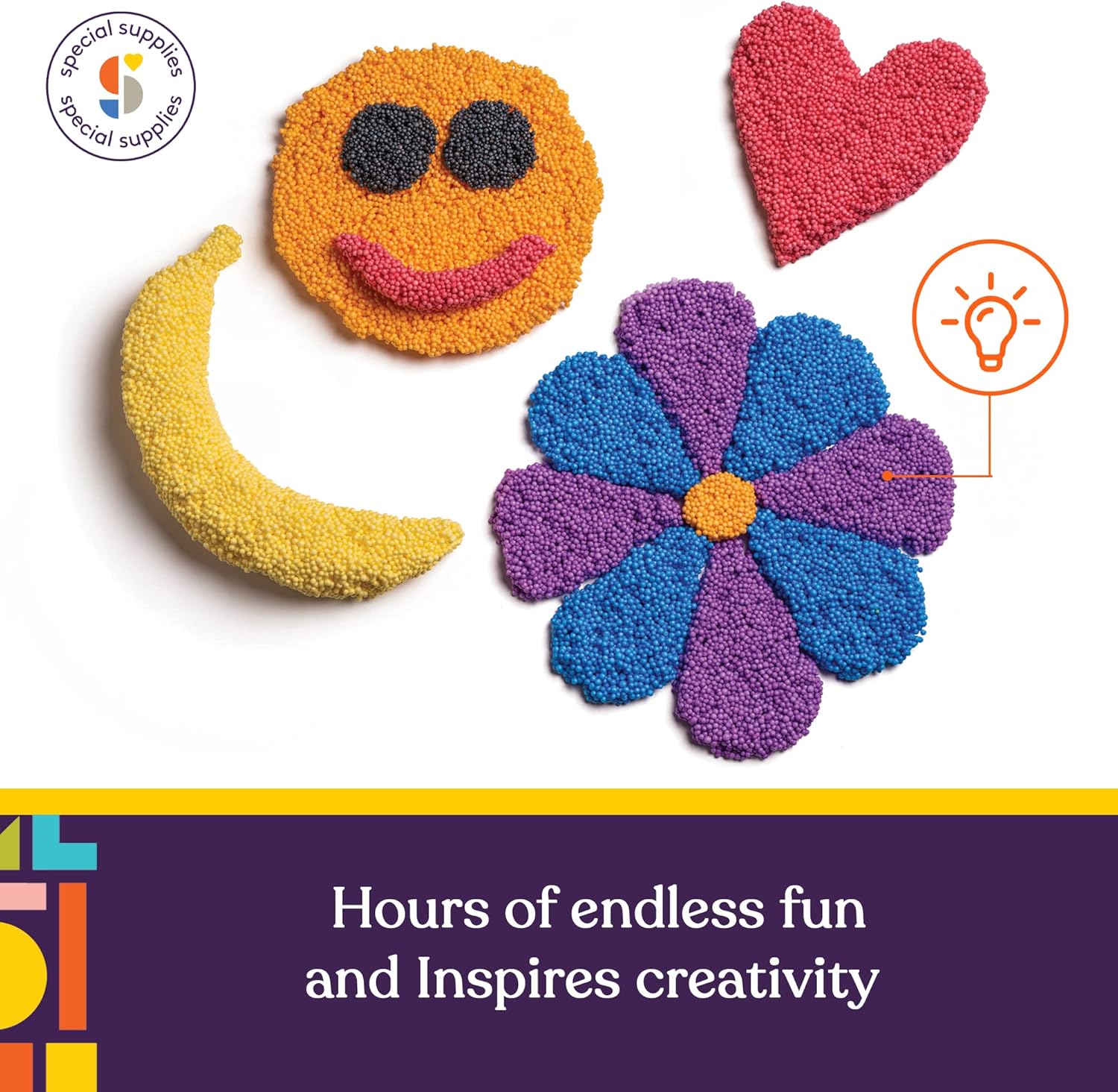 Colorful textured shapes including a smiley face, heart, moon, and flower with text 'Hours of endless fun and inspires creativity'.