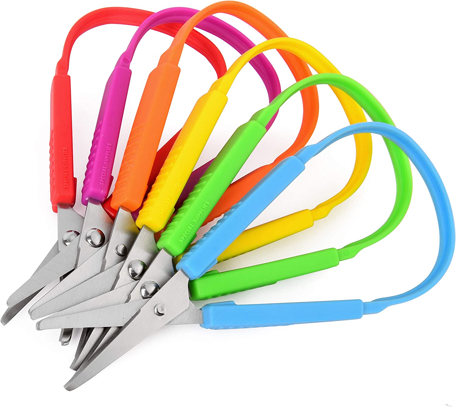 Set of colorful scissors with different colored handles on a white background