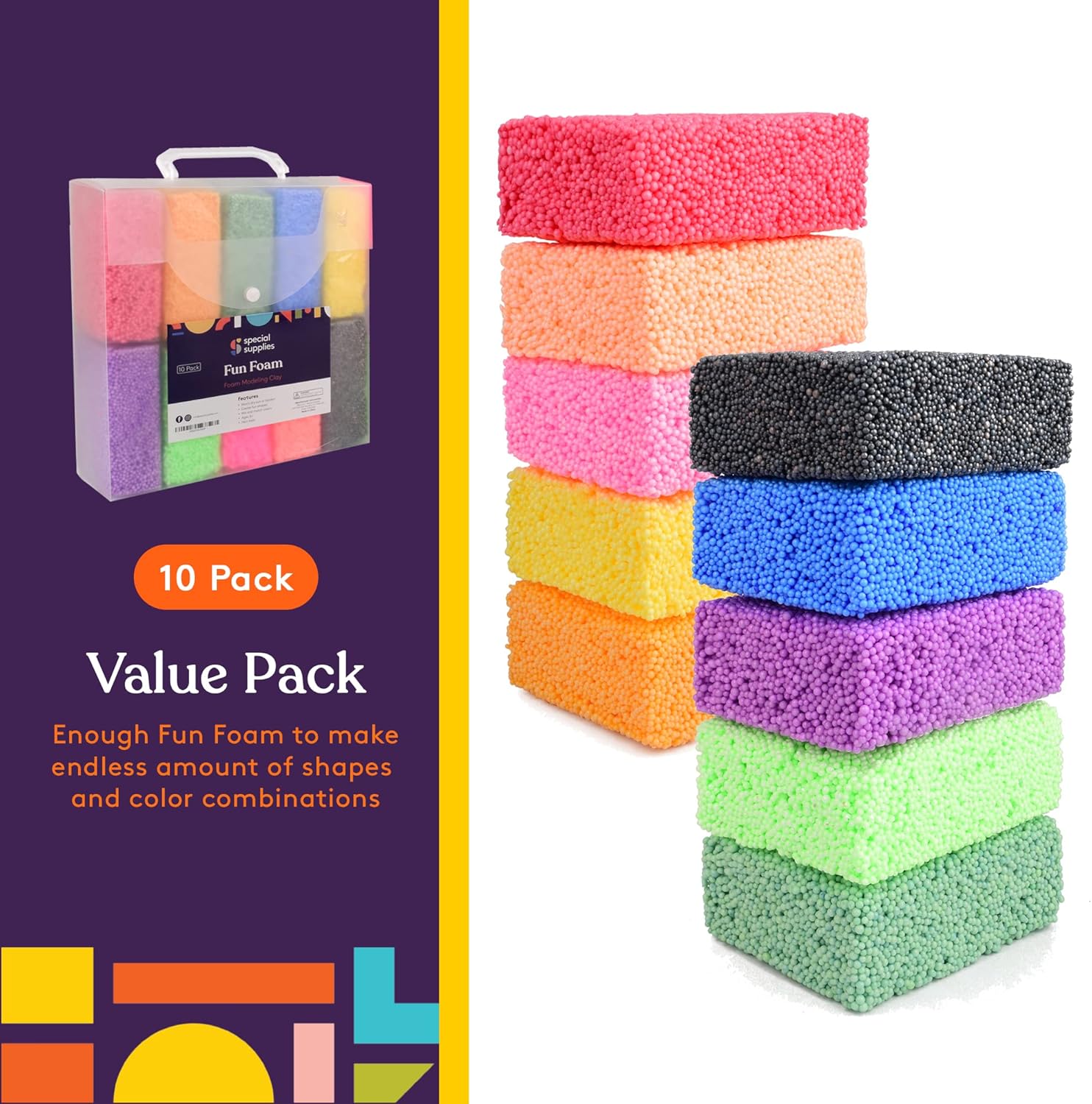 Colorful foam shapes in a clear box packaging with text on a purple background.