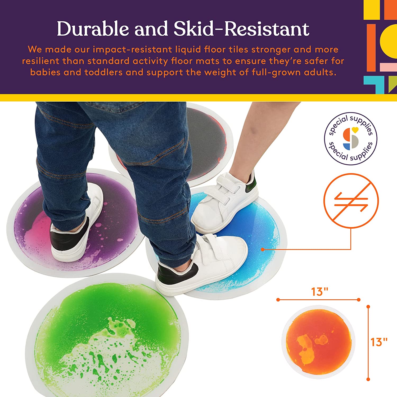 Children's feet stepping on colorful liquid floor tiles with text about durability and safety.