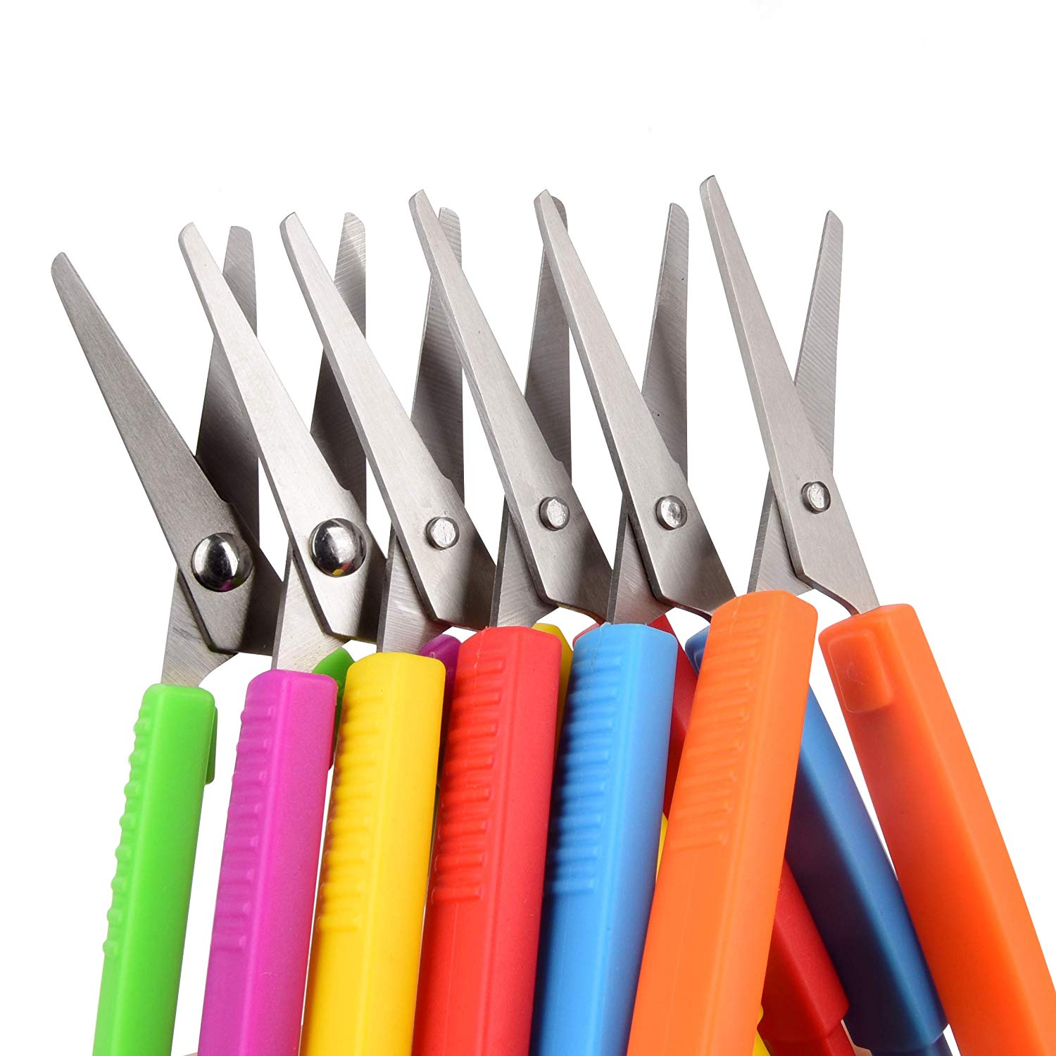 Set of colorful scissors with various handles on a white background