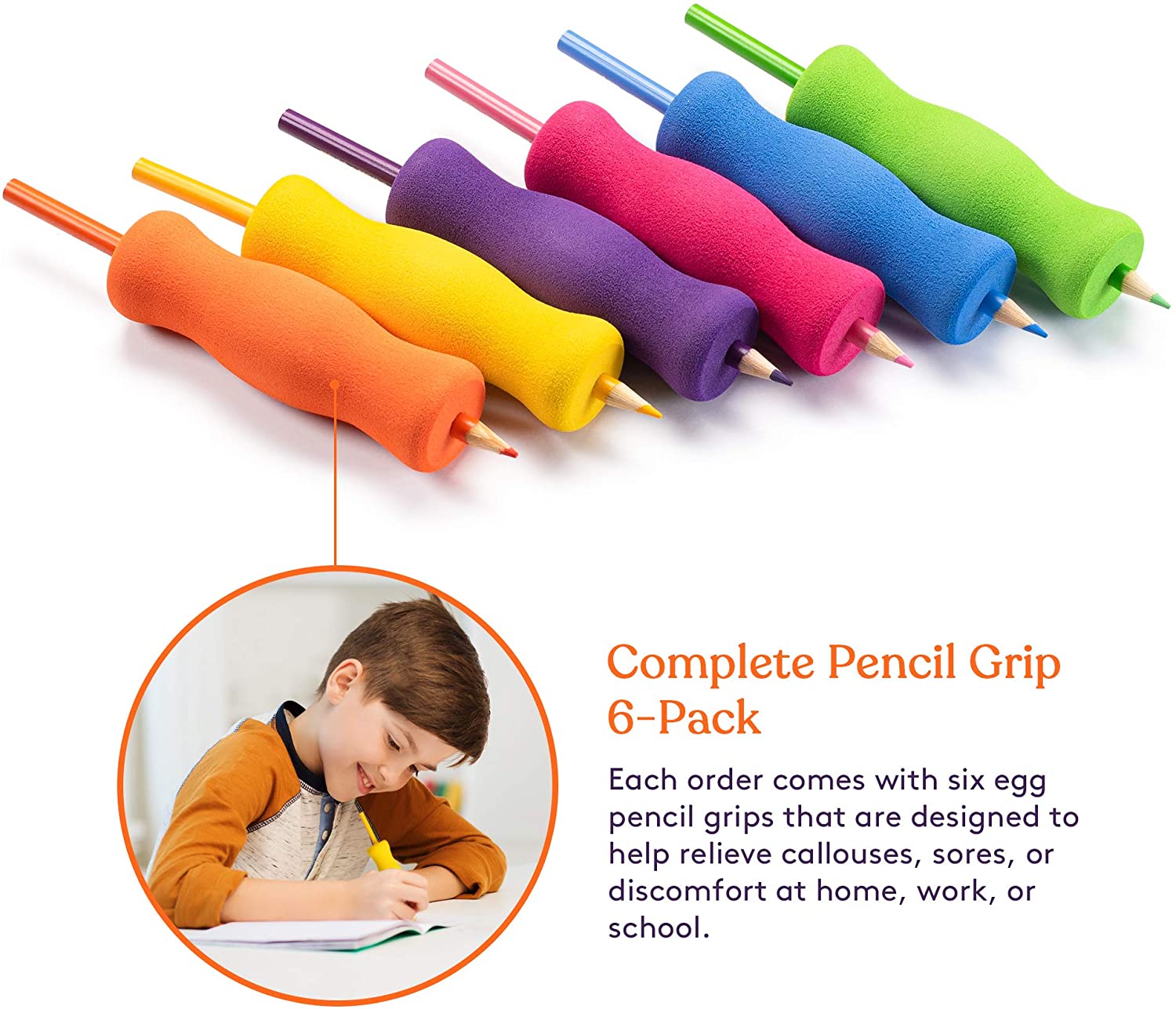 Colorful pencil grips in various sizes with a child writing inset, on a white background.