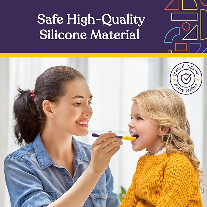 Woman and child using a product with text about safe high-quality silicone material.