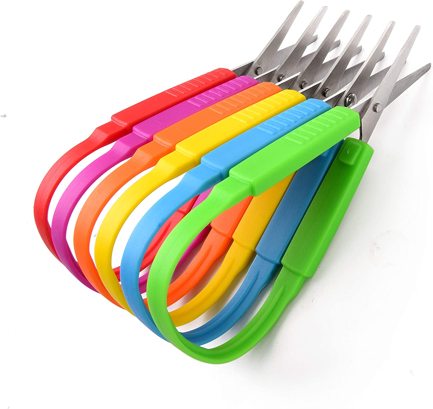 Set of colorful scissors with red, orange, yellow, blue, and green handles on a white background.