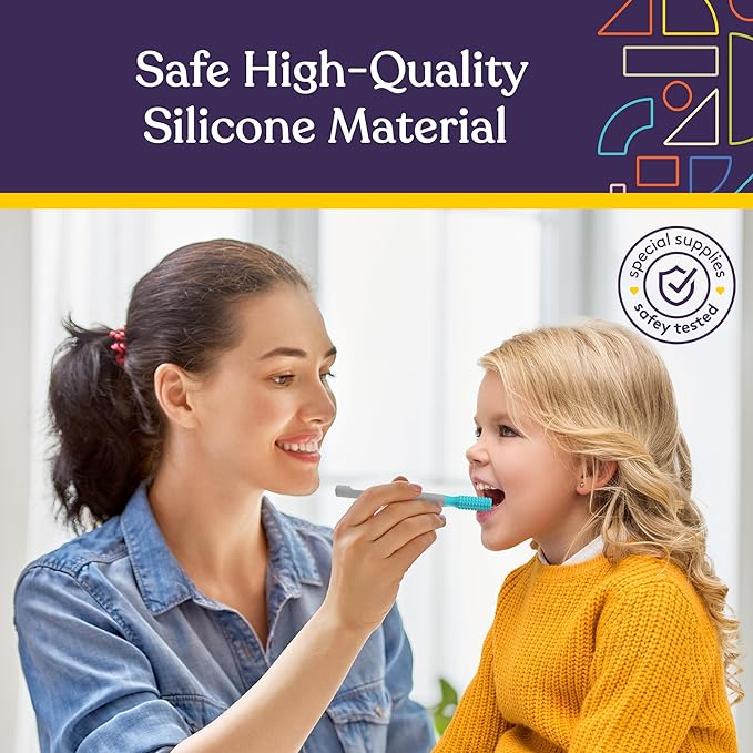 Woman and child brushing teeth together with text about safe high-quality silicone material.
