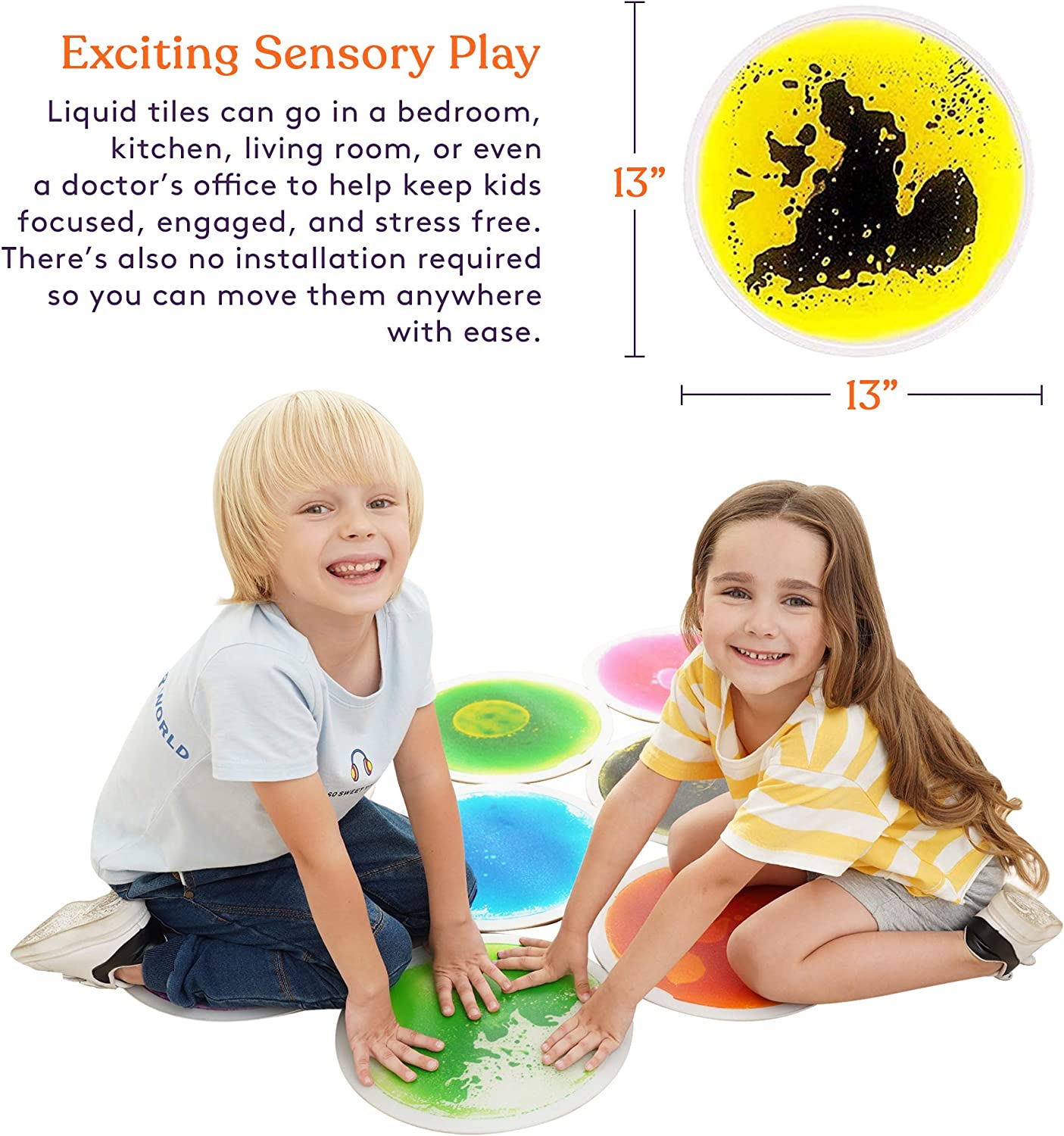 Two children playing with colorful liquid tiles, with text about their use in various settings.