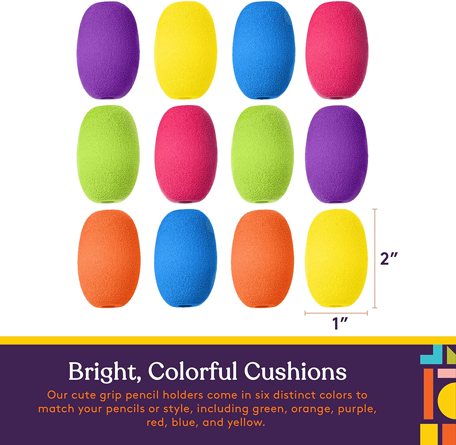 Colorful pencil grip cushions with dimensions and text on a white background