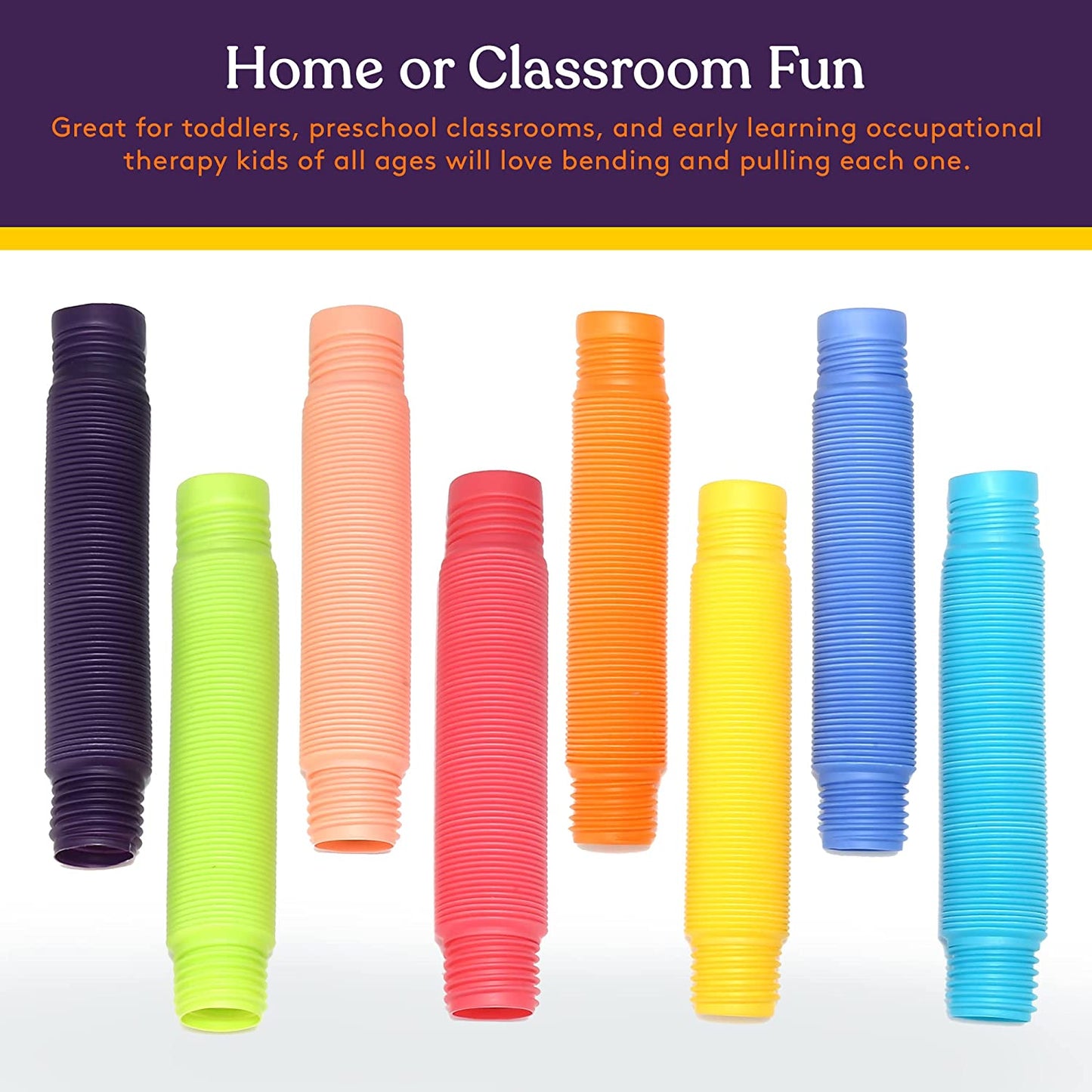 Colorful plastic tubes arranged in a row on a white background with text about their use.