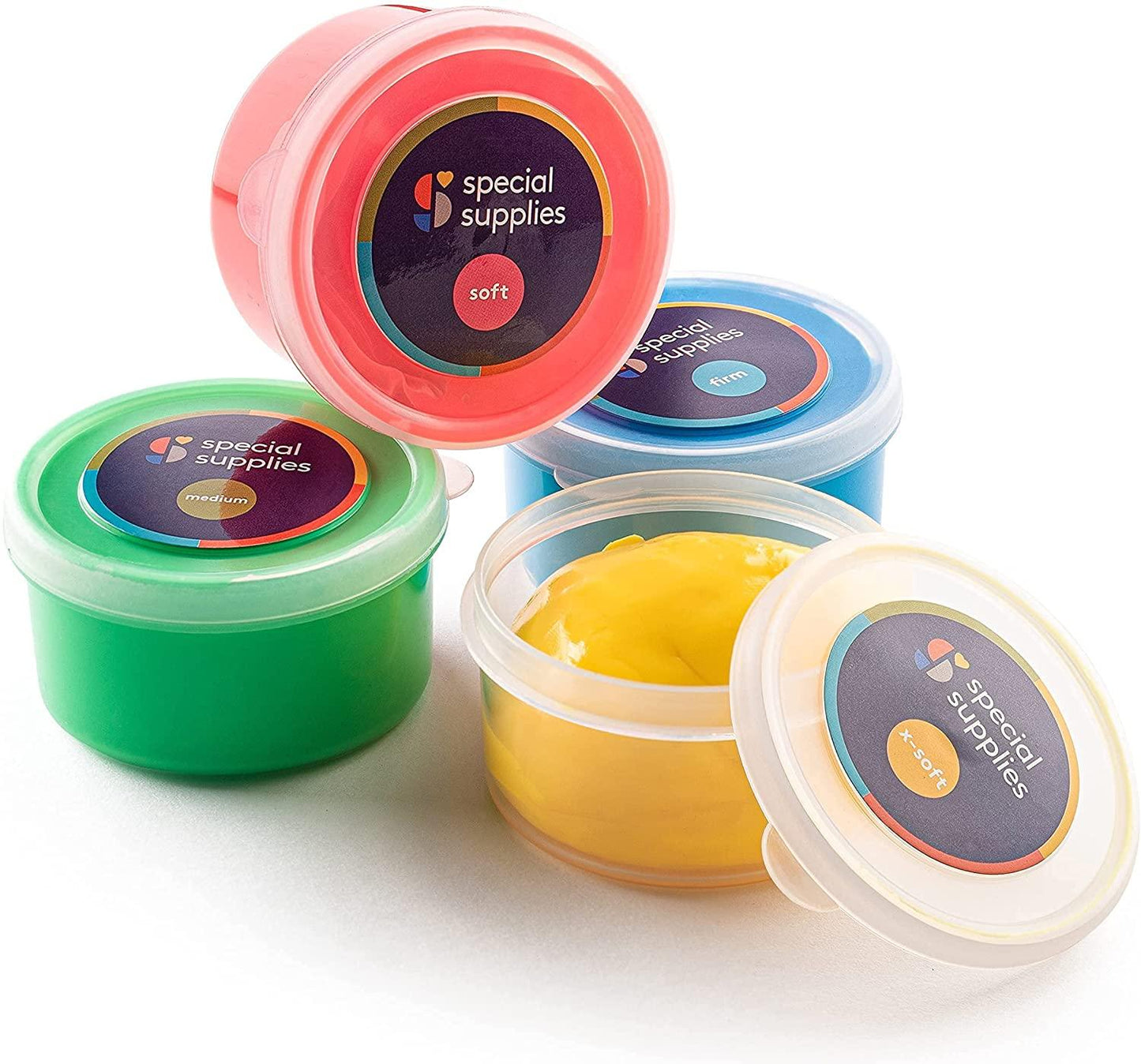 Sensory therapy putty in colorful labeled containers for fine motor skill development