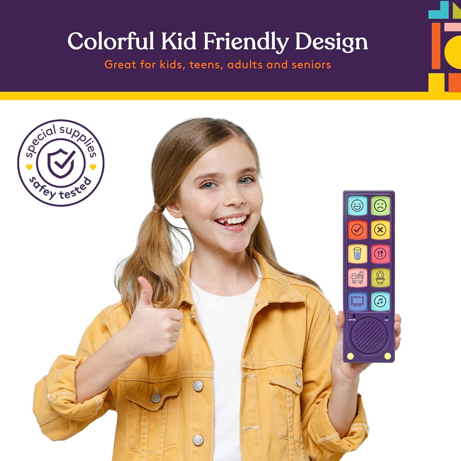 Young girl holding a colorful device with a purple background and text about kid-friendly design.